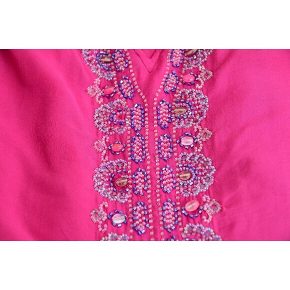 Catherine's PLUS 1X Ombré Pink Purple Beaded Flowy Tunic Top 3/4 Sleeve Blouse - Picture 4 of 12